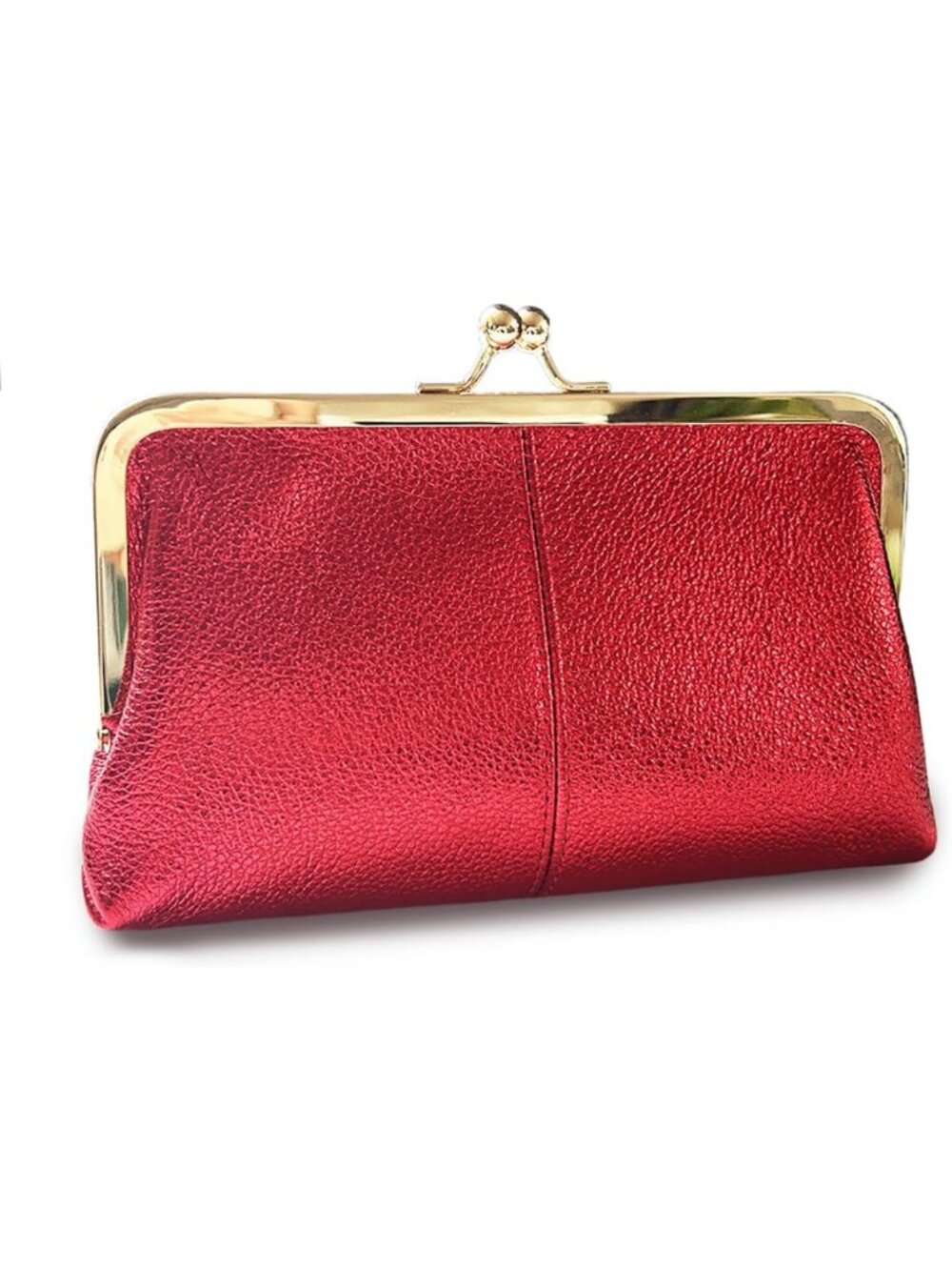Vintage Metallic Red Kiss Lock Leather Wallet Clutch for Women, Chic & Stylish